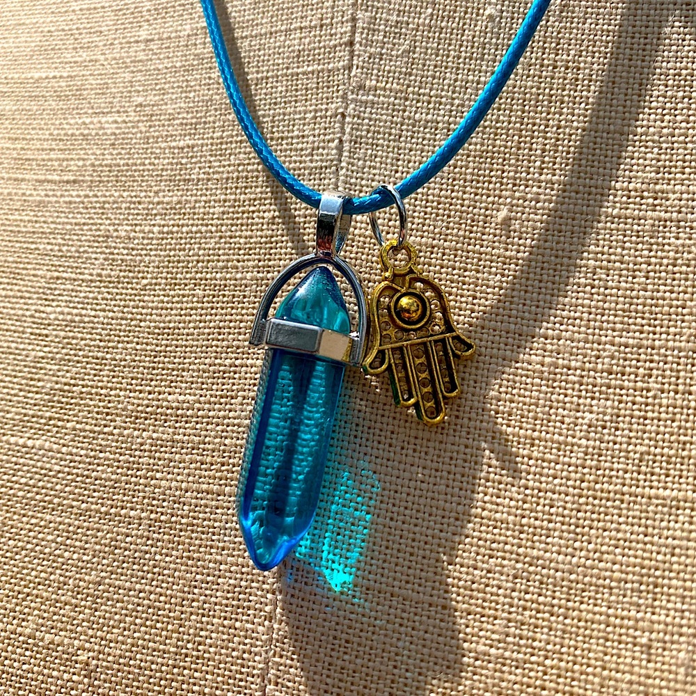 Handmade Aqua Blue Resin Crystal Amulet Necklace & Hamsa 🪬 Hand Charm